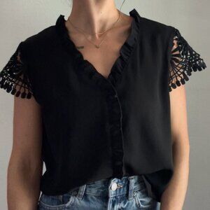 SHEIN | Black Blouse with Crocheted Cap Sleeves – Elegant Detail
